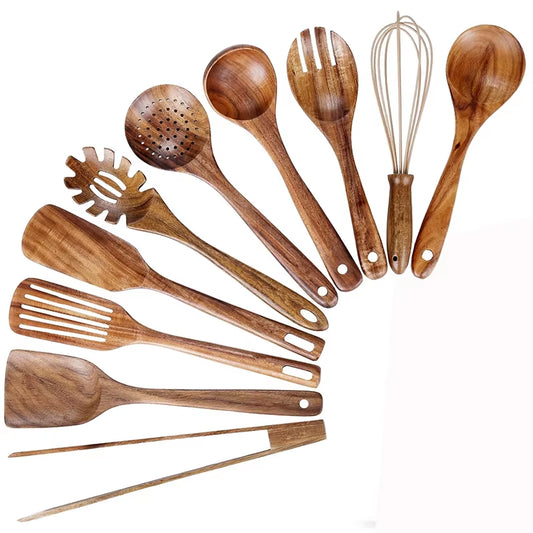 10 Pack Natural Teak Wooden Kitchen Utensil Set Wooden Spoons Spatula Cooking Utensil Set for Cooking Baking JT503